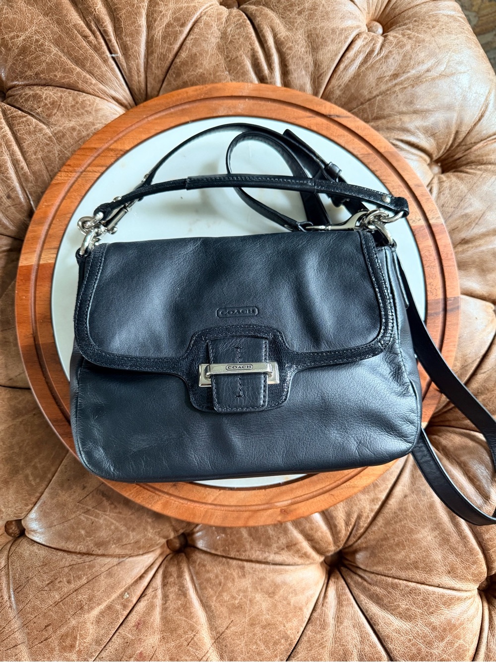2000s Y2K Coach Taylor Convertible Crossbody Bag Black Leather‎ Silver Hardware